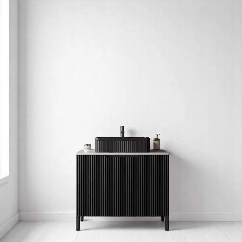 30 Inch Freestanding Bathroom Vanity with Ceramic Basin, Sintered Stone Top & Storage Cabinet - Black