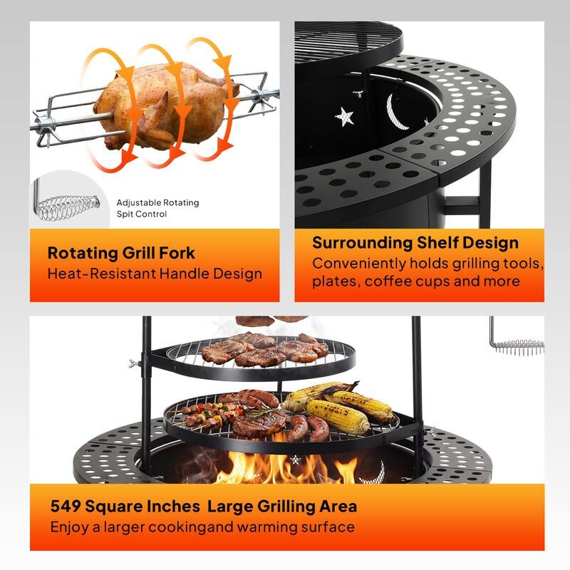 33 In. Heavy-Duty Charcoal Grill With Rotisserie And Dual Grilling Racks - N/A