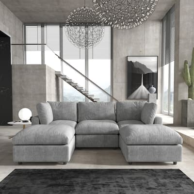 Minimalist U-shaped Upholstered Cloud Sofa 100.5" 3-Seater Chenille Modular Sectional Couch with 2 Ottomans for Living Room