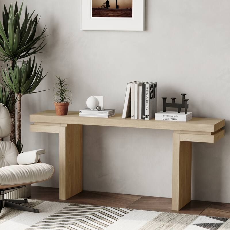 66 inch Extra Wide Real Wood Veneered Console Table Minimalist Sofa Table Distressed Oak Entryway