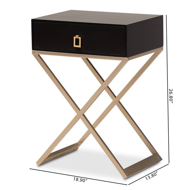Modern Black Nightstand with Drawer - Wood & Metal Bedside Table, Contemporary Accent Furniture