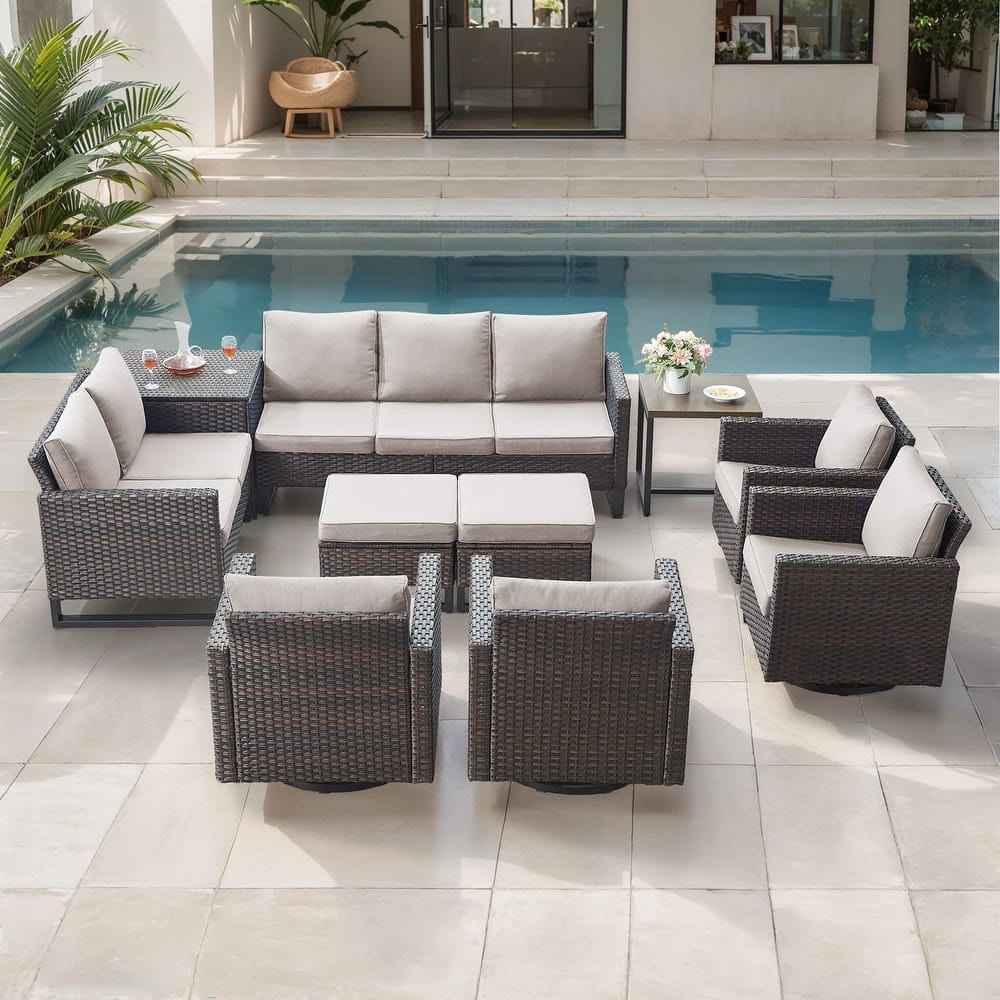 Gymojoy 9 Person Outdoor Patio Wicker Family Conversation Set Group With Swivel Chairs And Storage