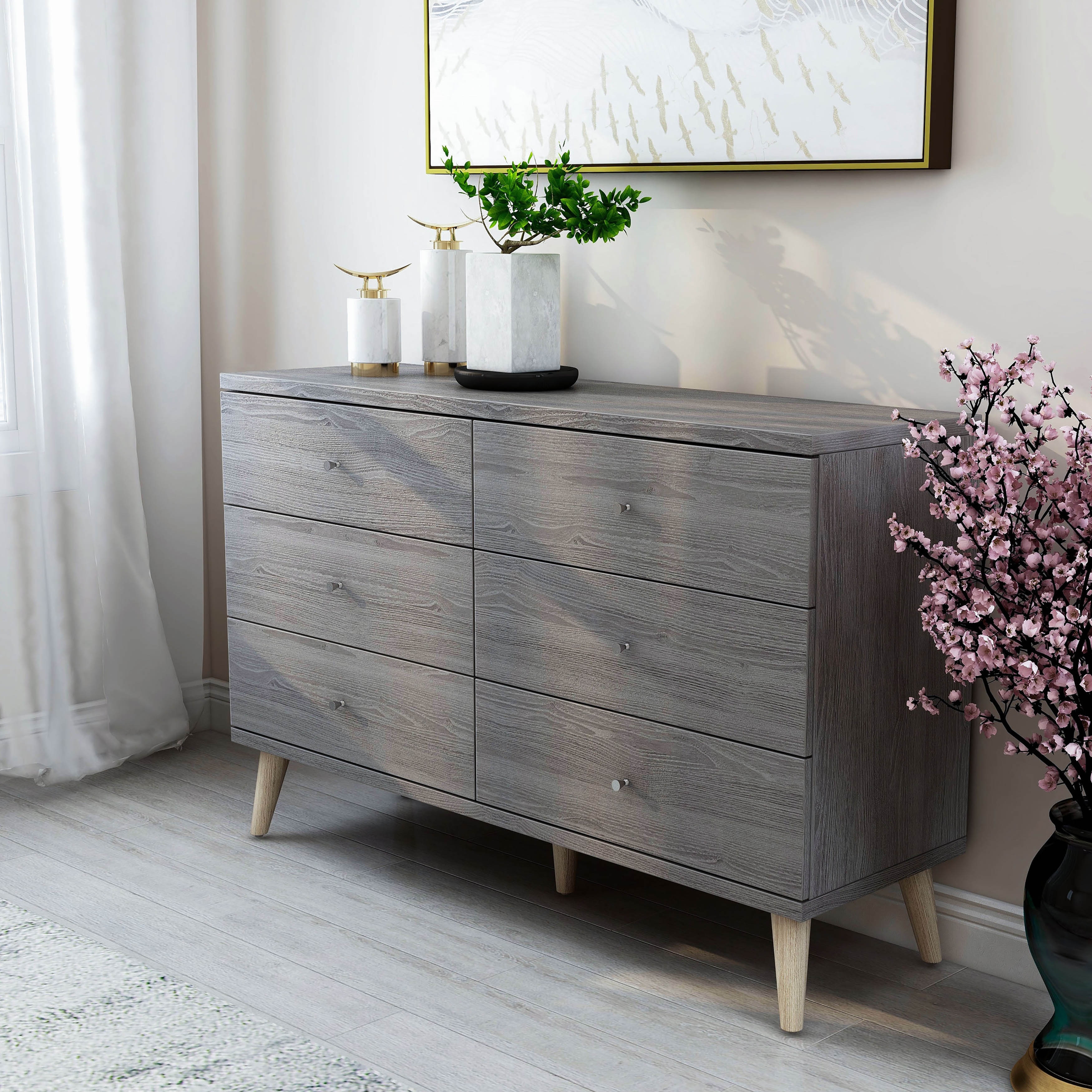 DH BASIC Mid-Century Modern Distressed Grey 47-inch Wide 6-Drawer Dresser with Knobs by Denhour - Overstock - 20931728 DH BASIC Mid-Century Modern Distressed Grey 47-inch Wide 6-Drawer Dresser with Knobs by Denhour - Overstock - 20931728