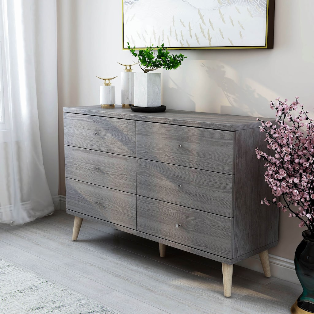 DH BASIC Mid-Century Modern Distressed Grey 47-inch Wide 6-Drawer Dresser with Knobs by Denhour