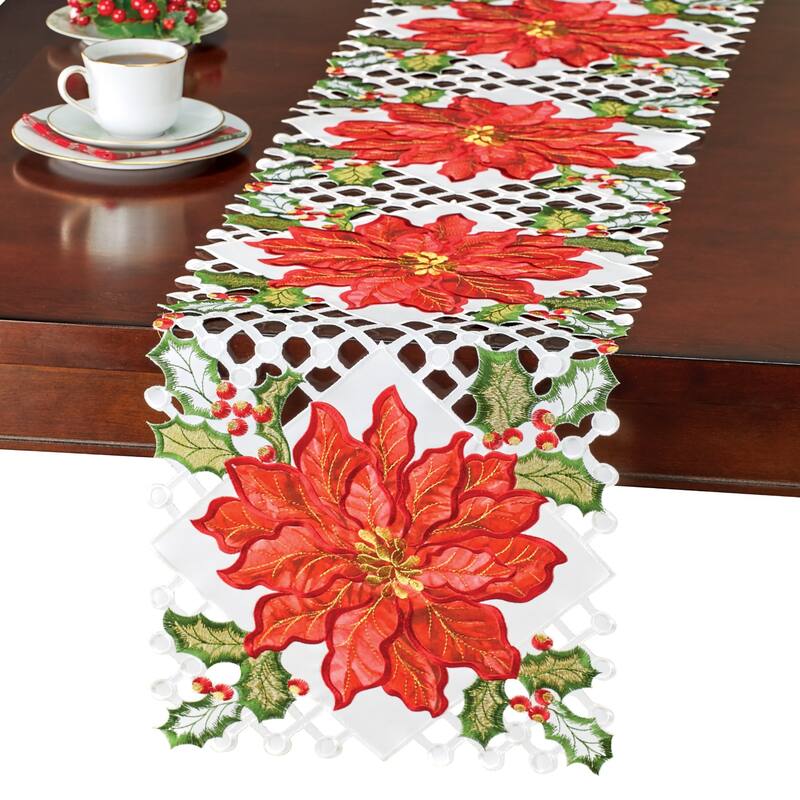 Lovely Embroidered Poinsettia Cut-Out Table Runner - 69.5 x 0.01 x 13.75