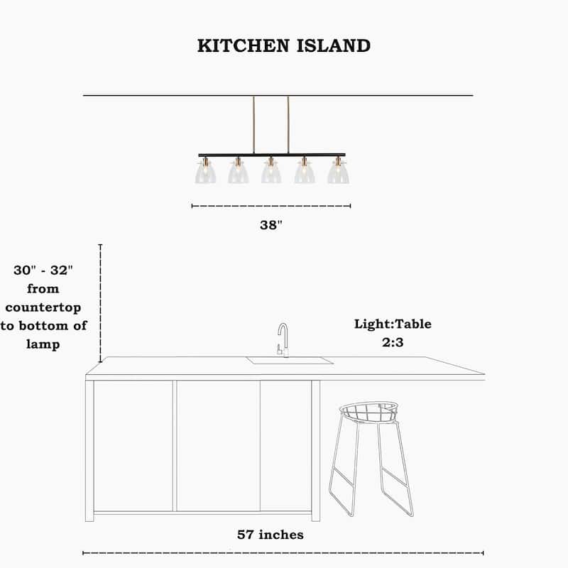 Modern Farmhouse 5-Light Black Gold Chandelier Linear Island Pendant Light for Dining Room - 38"L x 5"W x 7.5"H
