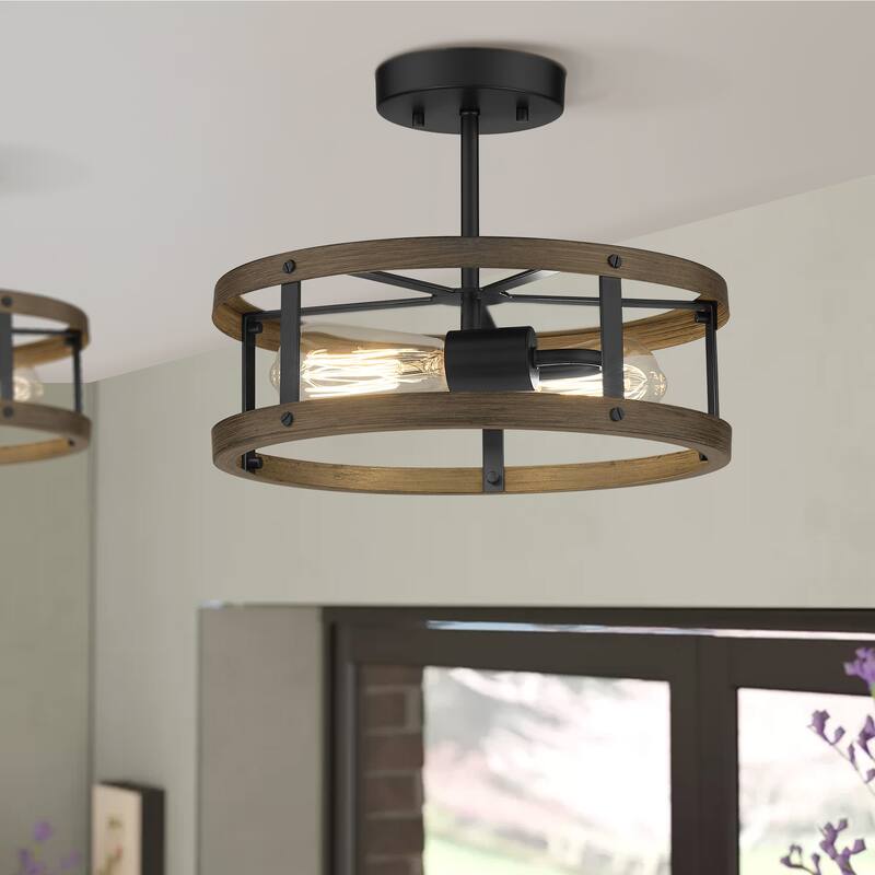 2-light Wood and Matte Black Finish Semi-flush Mount Light Metal Cage Ceiling Light - 12.9" (D) x 4.4" (H)