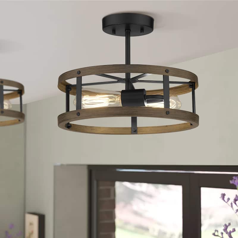 2-light Wood and Matte Black Finish Semi-flush Mount Light Metal Cage Ceiling Light - 12.9" (D) x 4.4" (H)