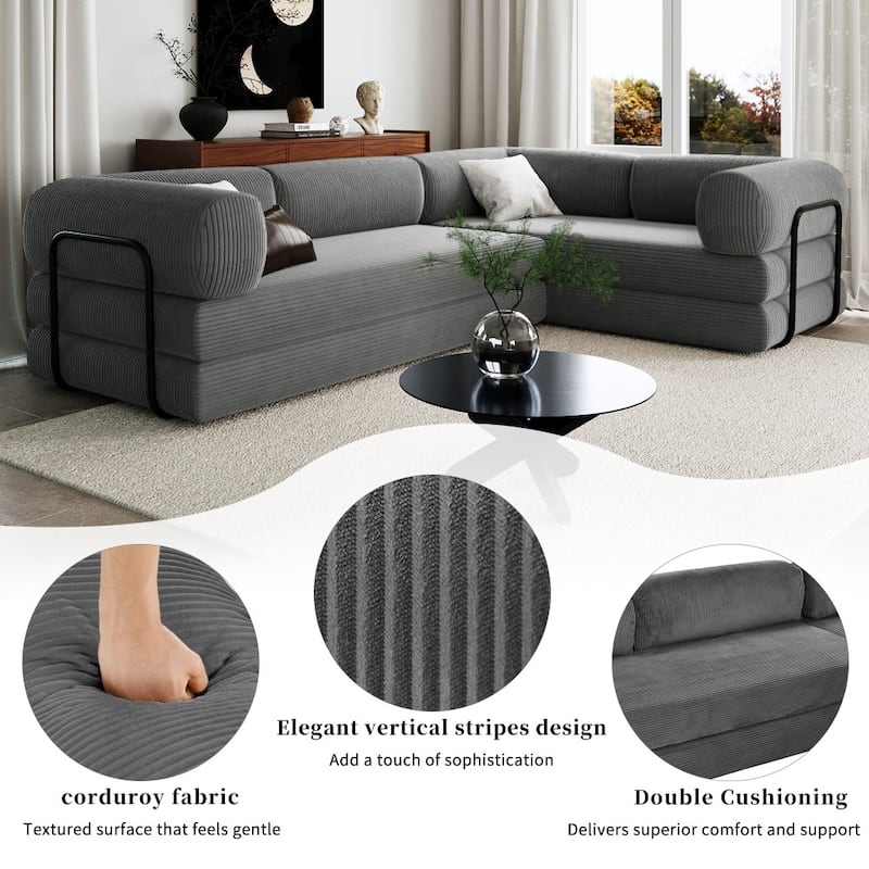 Modern Corduroy Fabric L-shaped Modular Convertible Sectional Sofa Bed for Living Room