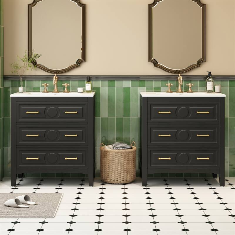 60" Bathroom Vanity Set with Ceramic Sink (Separate), Solid Wood Bathroom Storage Cabinet