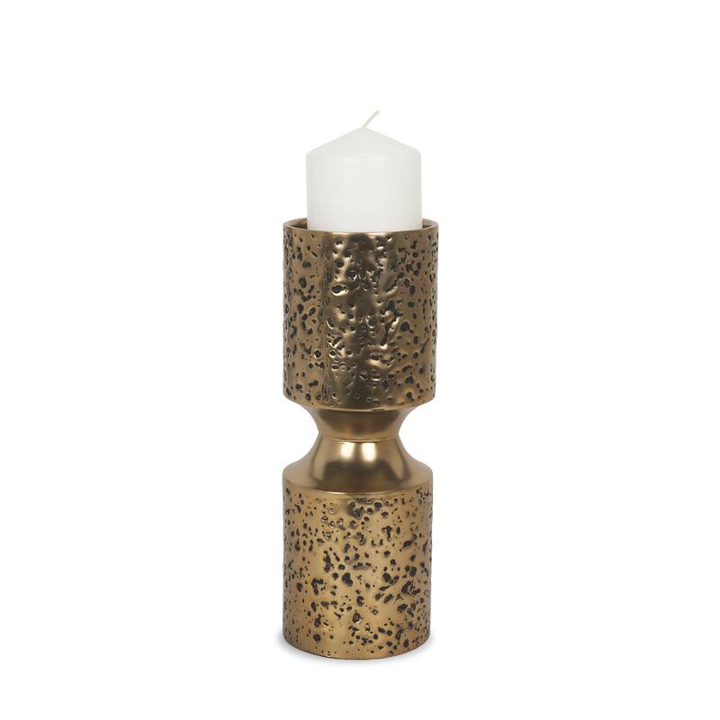 Akira Large Hammered Gold Metal Pillar Candle Holder - 4.0L x 4.0W x 11.3H