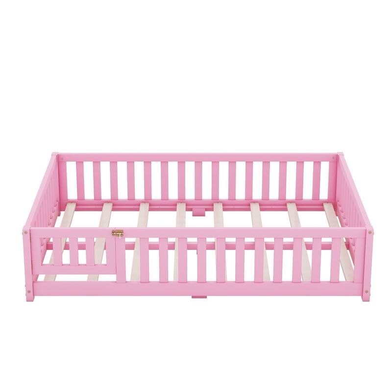 Full Size Kids Floor Bed with Guardrails and Door