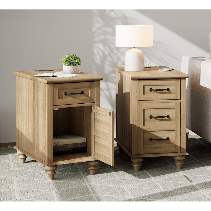 Nightstand End Table With Charging Station for Living Room Bedroom - Oak - 2-drawer