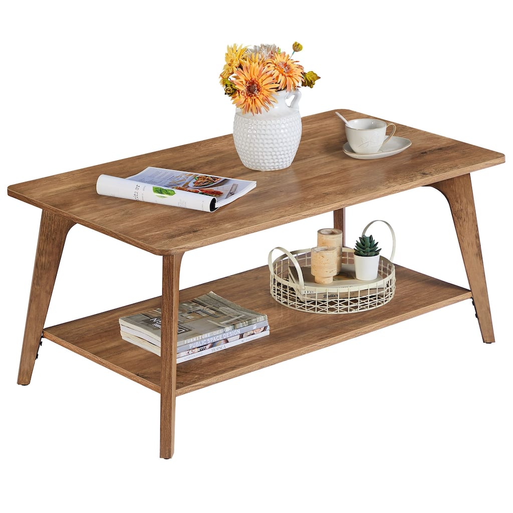 Wooden 2 Tier Coffee Table with Storage Shelf and Rounded Corners - 21.7"D x 39.4"W x 17.7"H