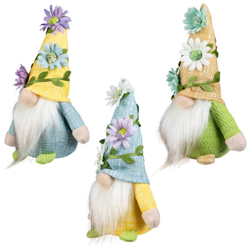 Mini Plush Gnomes with Floral Hat Spring Decorations - 7" - Set of 3