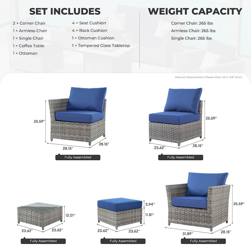 HOOOWOOO 6-piece Grey Rattan Patio Furniture Outdoor Sectional Set with Ottoman