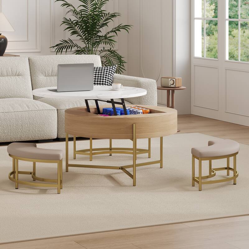 Modern Round Coffee Table Set with Lift-Top, Dining Table Set with Hidden Storage and 3 Ottomans
