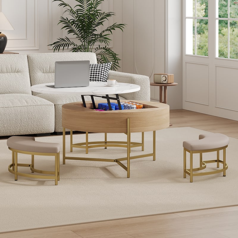 Modern Round Lift-Top Coffee Table with Storage & 3 Ottoman - Natural+White