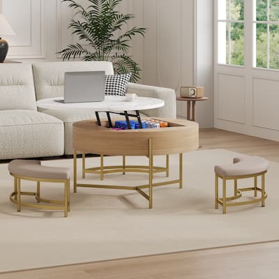 Modern Round Lift-Top Coffee Table with Storage & 3 Ottoman
