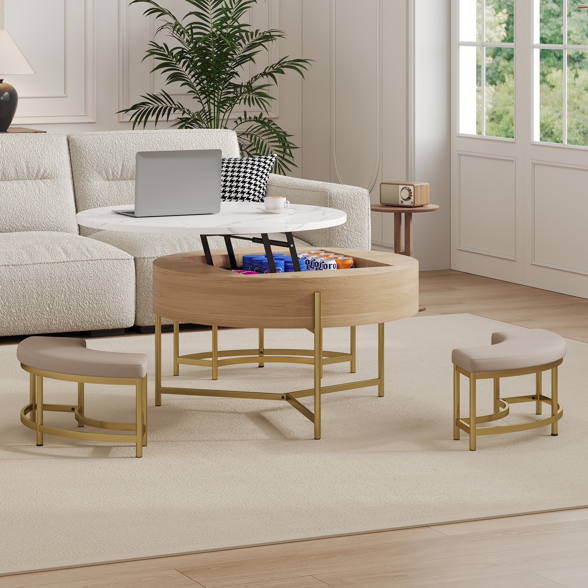 Modern Round Lift-Top Coffee Table with Storage & 3 Ottoman