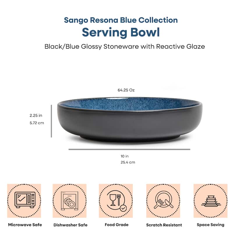Sango Resona Blue/Black 10" Large Ceramic Serving Bowl (Set of 2), 64.25 oz