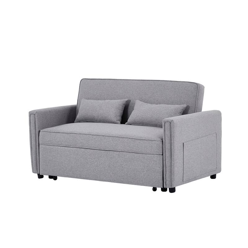Modern Linen Convertible Loveseat Sleeper Sofa Couch with Adjustable Backrest, Pull-Out Bed and 2 Lumbar Pillows
