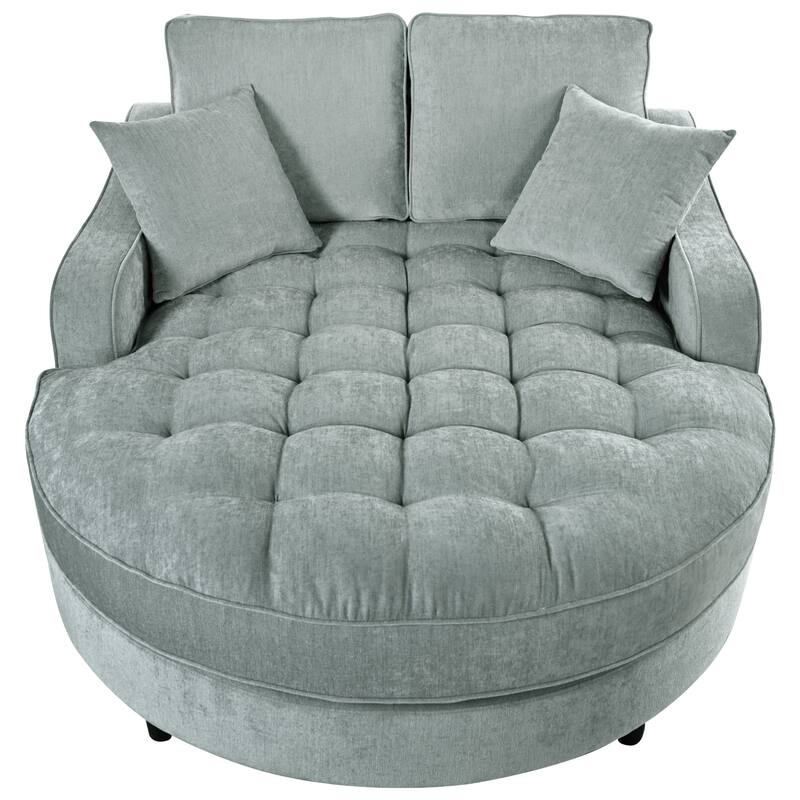 55" Misty Green Chenille Chaise Lounge Sofa Bed with Tufted Seat and Detachable Pillows