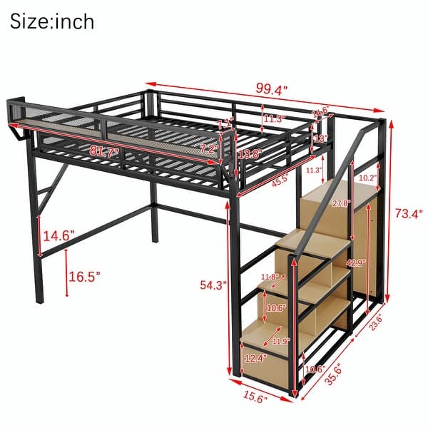dimension image slide 0 of 2, Loft Bed with Stairs, Metal Queen Loft Bed with Storage Shelves, High Loft Bed with Wardrobe