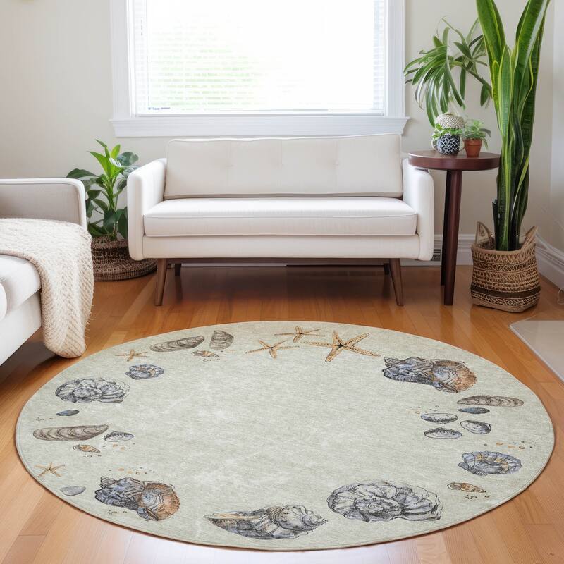 Premium Washable Super Soft Coastal Shell Border Mayfield Rug - Oyster - 8' x 8' - Round