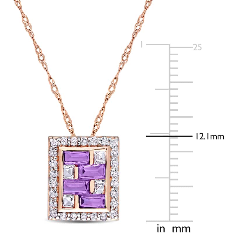 Miadora 10k Rose Gold Amethyst-Africa and White Topaz Mosaic Square Halo Necklace - 12.1 mm x 17 inch x 10 mm