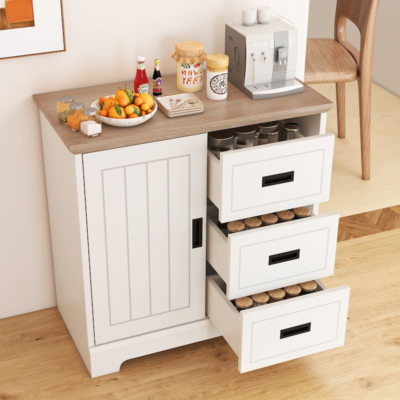 White Engineered Wood Farmhouse Sideboard with Sliding Doors and Drawers - 31.5" x 15.5" x 30.5"