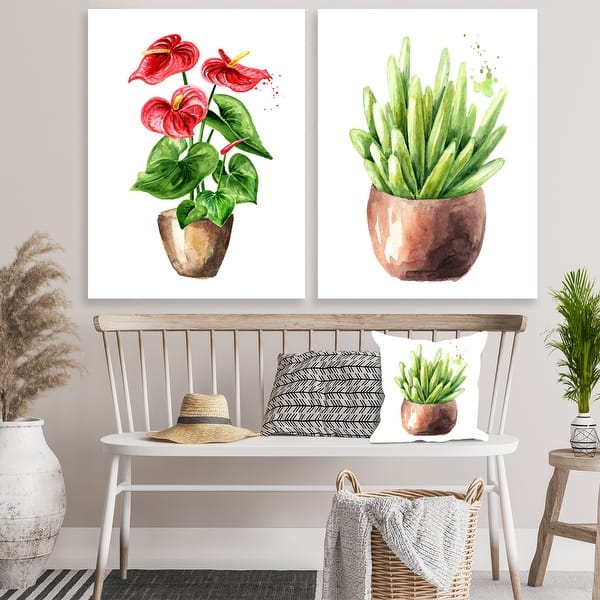 Designart 'Anthurium Tailflower Or Flamingo Flower In The Pot Collection  II' Botanical Set of 2 Pieces - Bed Bath & Beyond - 33630371