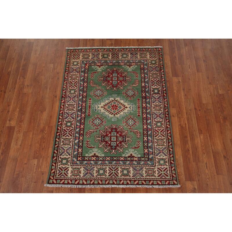 Green Kazak Accent Rug Hand-Knotted Wool Carpet - 3'5" x 4'9"