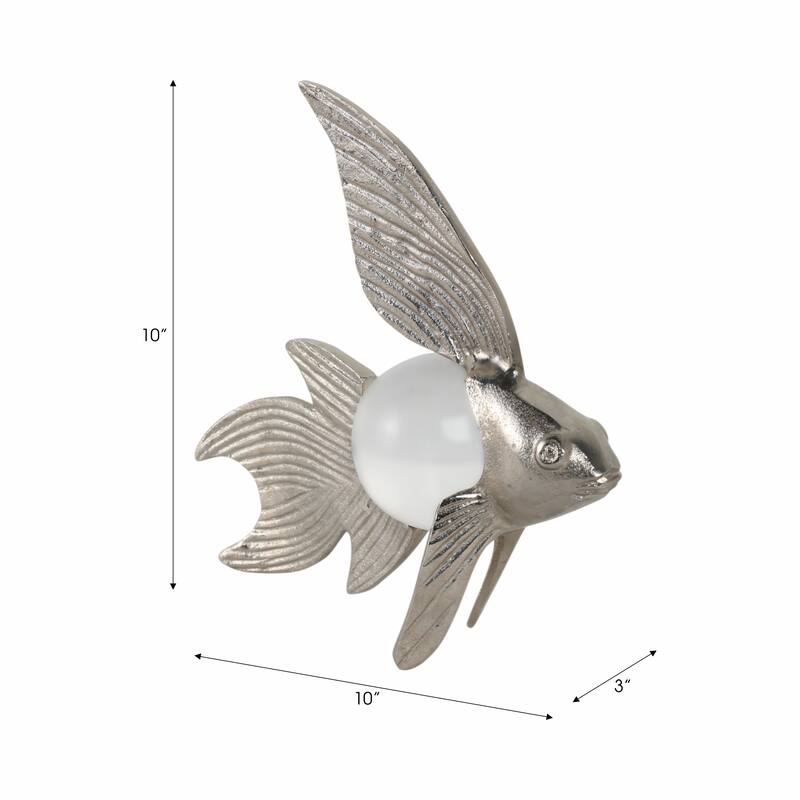 Metal Fish Figurine with Textured Fins and Glass Orb - 9" Silver - 9.5" x 3.5" x 9"