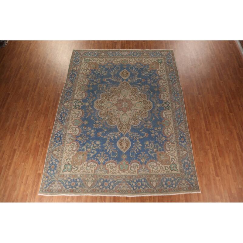 Blue Tabriz Persian Vintage Rug Hand-Knotted Traditional Wool Carpet - 10'0"x 13'2"