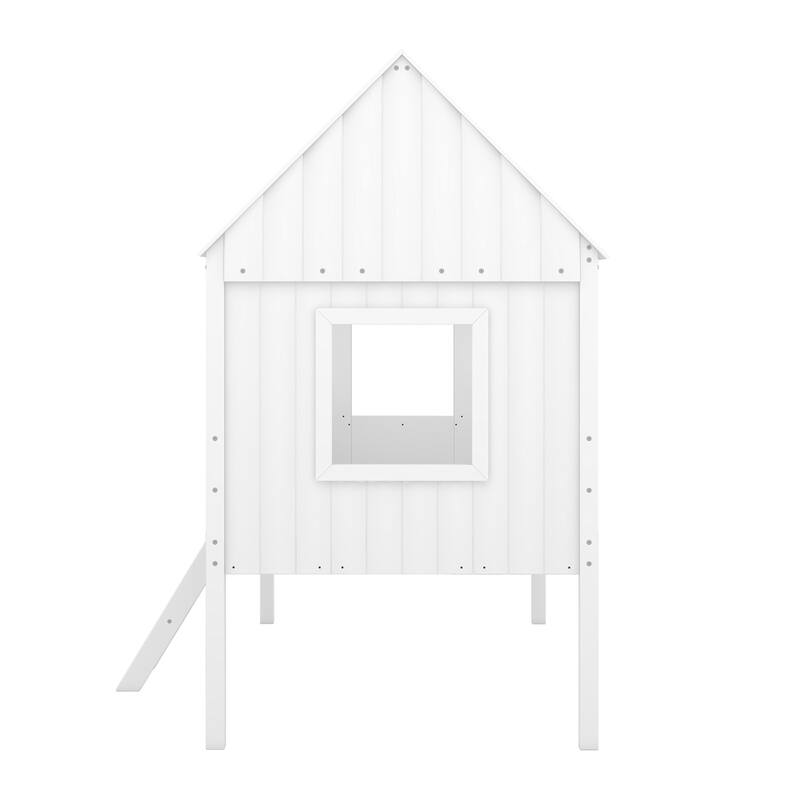 Playhouse Low Loft Wood House Bed with Guardrail and Windows Bed Bath