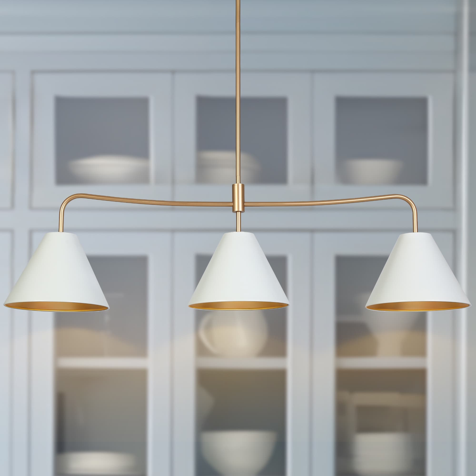 Modern Farmhouse 3-Light Metal Linear White Gold Dining Chandelier Cone Shade Kitchen Pendant