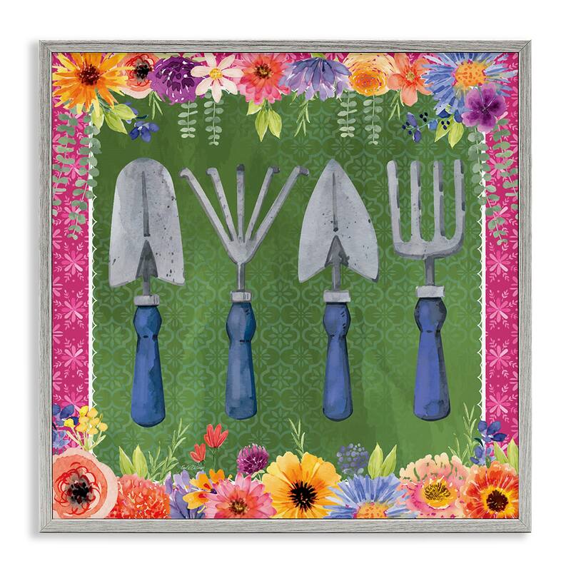 Stupell Gardening Tools & Floral Border Framed Giclee Art Design By Nicole DeCamp - 24 x 24 - Grey
