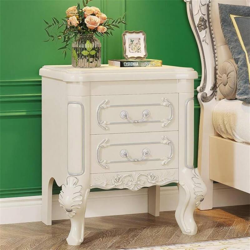 Classical White Nightstand with Carved Patterns & Silver Accents