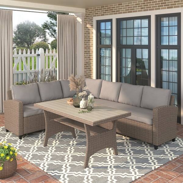 slide 1 of 14, Patio Outdoor Furniture PE Rattan Wicker Conversation Set All-Weather Sectional Sofa Set with Table & Soft Cushions