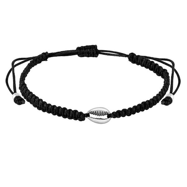 slide 1 of 4, Handmade Mini Sideways Cowrie Shell Sterling Silver Black Cotton Rope Adjustable Bracelet (Thailand)