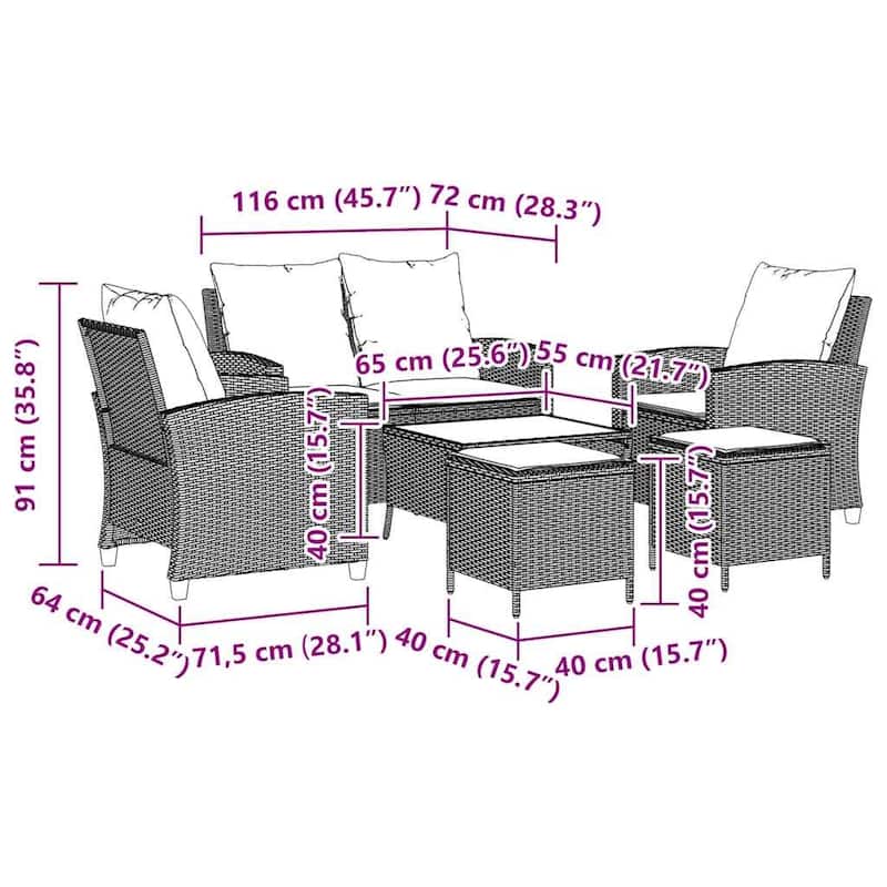 vidaXL 6 Piece Patio Sofa Set with Cushions Black/Brown/Gray Poly Rattan