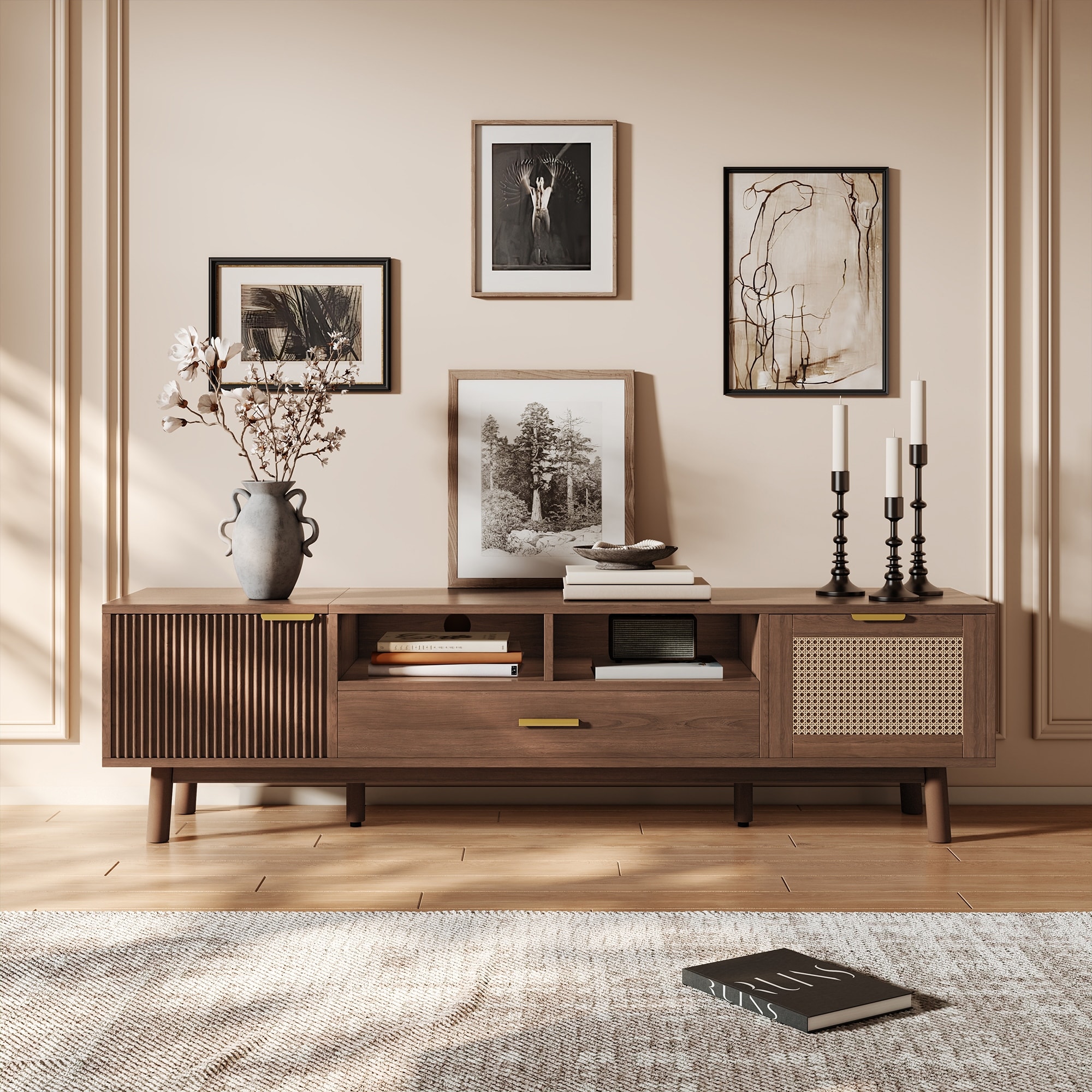 66.9" Long TV Stand for TVs Up To 75", Storage Media Console Table, Boho Entertainment Center with Rattan Door