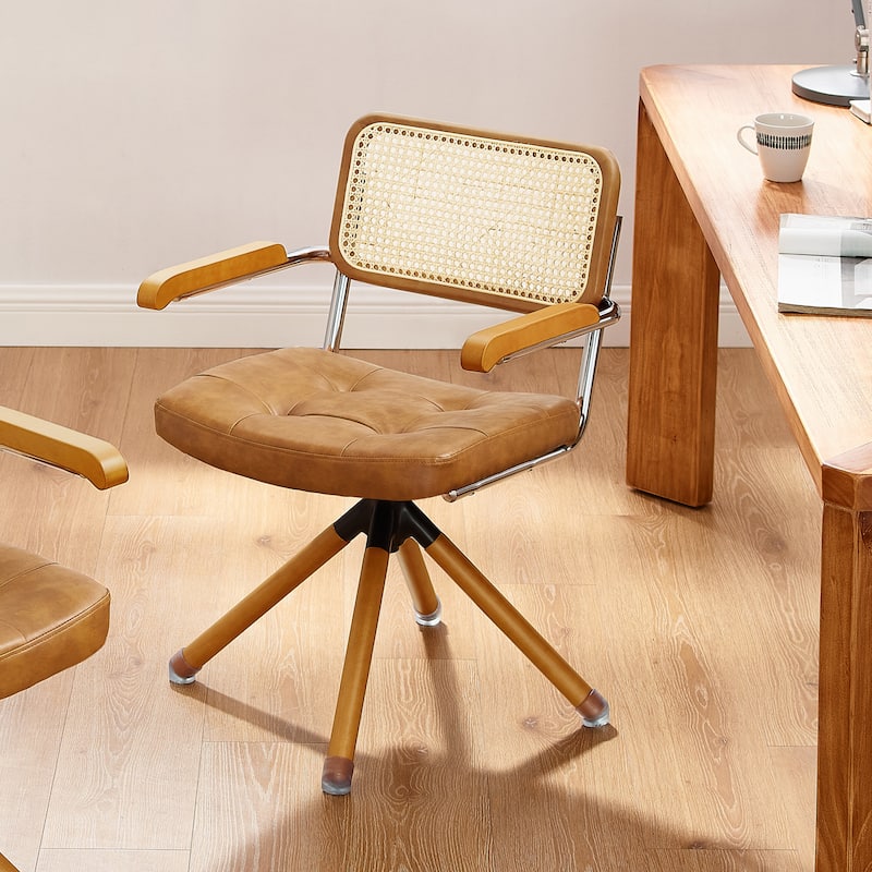Art Leon Swivel PU Leather and Wooden Accent Chair - Brown