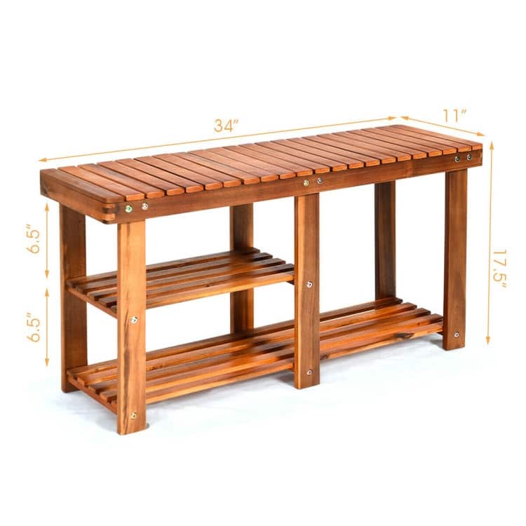 3-Tier Wooden Shoe Organizer with Bench for Entryway Storage - 34" x 11" x 17.5" (L x W x H)