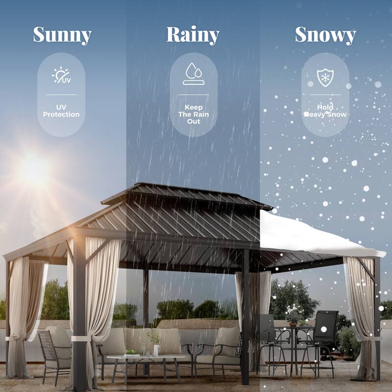 MAISON ARTS 14x20' Hardtop Aluminum Galvanized Steel Double Roof Gazebo with Netting & Curtains
