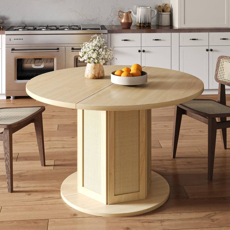 Moasis Farmhouse Round Pedestal Dining Table for 4 with Rattan Circular Base - Oak