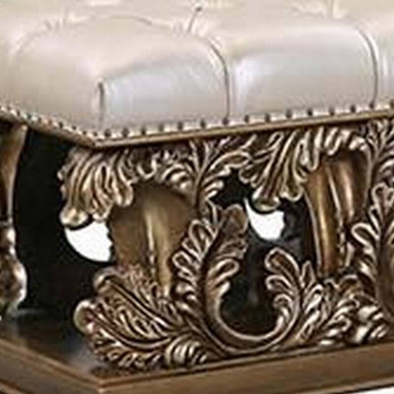 Bench with Button Tufted Seat and Heavy Scrolled Carving, Antique Gold