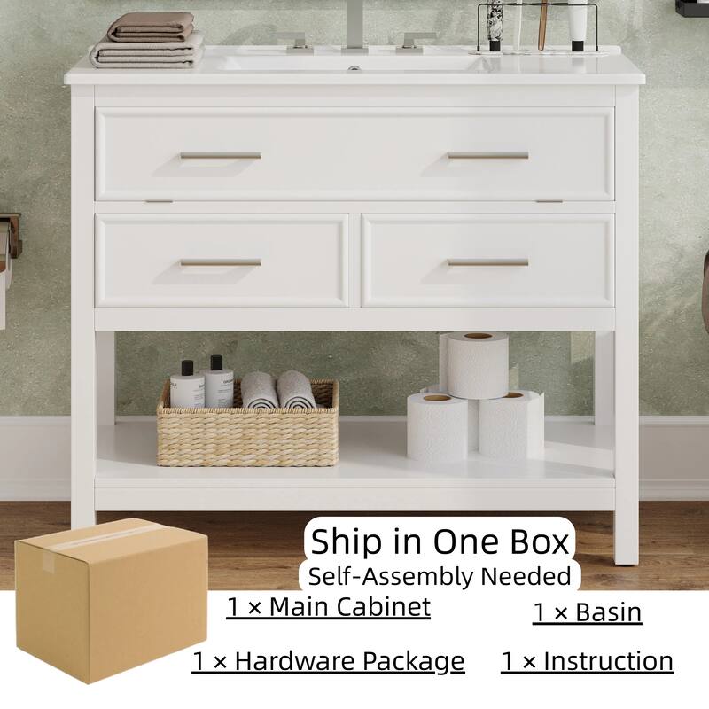 36" Bathroom Vanity with Ceramic Sink, Tip-Out Tray, Full-Extension Drawers, Soft-Close Slides, and Open Shelf