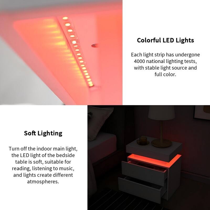 Nightstand LED Bedside Table Cabinet Lights Modern End Side with 2 Drawers for Bedroom